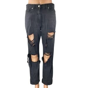 Parisian Black Distressed Straight Wide Leg High Waist Denim Jeans Pants Size 6